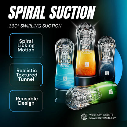 Manual Crystal Masturbator Cup | Spiral Suction & Textured Channel | Hands-On Male Pleasure